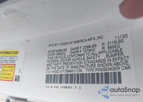 2021 Honda Accord Lx из США, поврежденный, VIN 1HGCV1F15MA011730